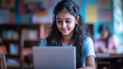 Indian teenage girl studying in classroom using computer laptop
