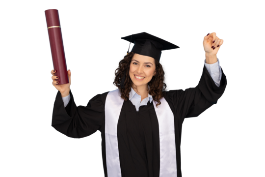 Joyful young Latina woman in a cap and gown celebrating graduation
