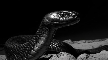 Fototapeta premium Black Snake Close-Up in Monochrome with Desert Background