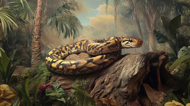 Majestic Yellow Python Coiled on a Log in Lush Tropical Habitat