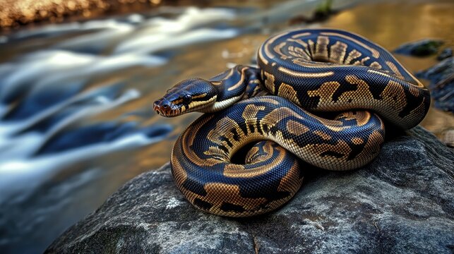 Striking Python Snake Coiled on a Rock by a Serene Stream