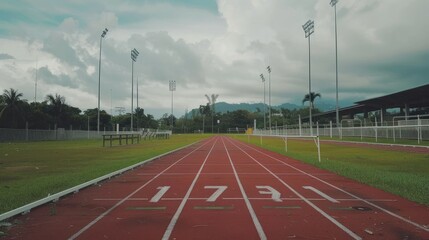 Empty running track on an overcast day, numbers visible on the red surface, green grass surrounding it, and distant mountains under a cloudy sky.