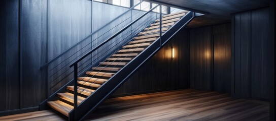 Stylish wooden stairs enhanced by contemporary black railings.