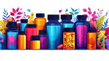 Colorful Arrangement of Diverse Bottles and Containers Surrounded by Vibrant Leaves and Flowers for Health and Wellness Themes