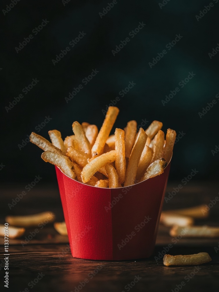 Poster crispy golden fries piled in a red cup, resting on a rustic wooden table, highlighting their delicio