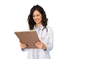 Latina female doctor standing confidently in her white coat