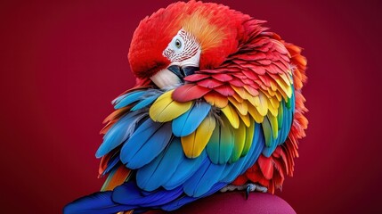 Obraz premium Vibrant Scarlet Macaw Preening Feathers Against Bold Red Background