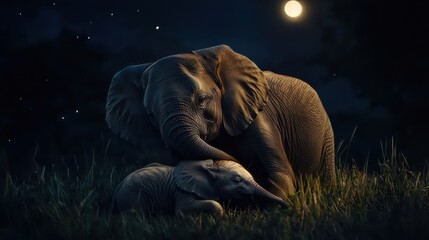 Obraz premium Majestic Elephants Embracing Under a Starry Night Sky