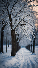 Frozen Winter Snow Pathway with White Trees and Ice in the Afternoon Stillness