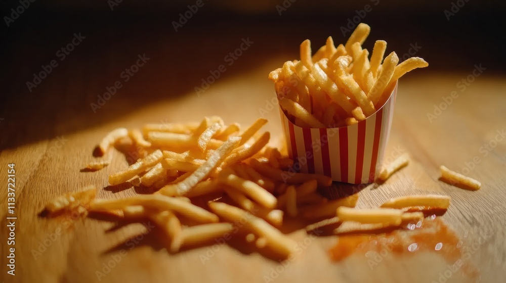 Poster crispy golden fries are tipped over from a small cup onto a wooden table, creating a casual atmosphe