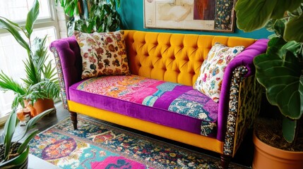 Colorful Vintage Couch with Floral Cushions in Stylish Living Room