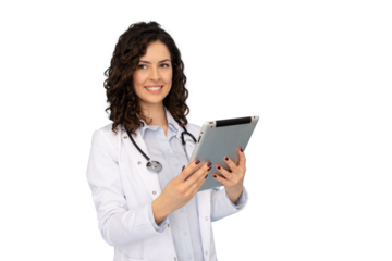 Professional Latina female doctor using a tablet