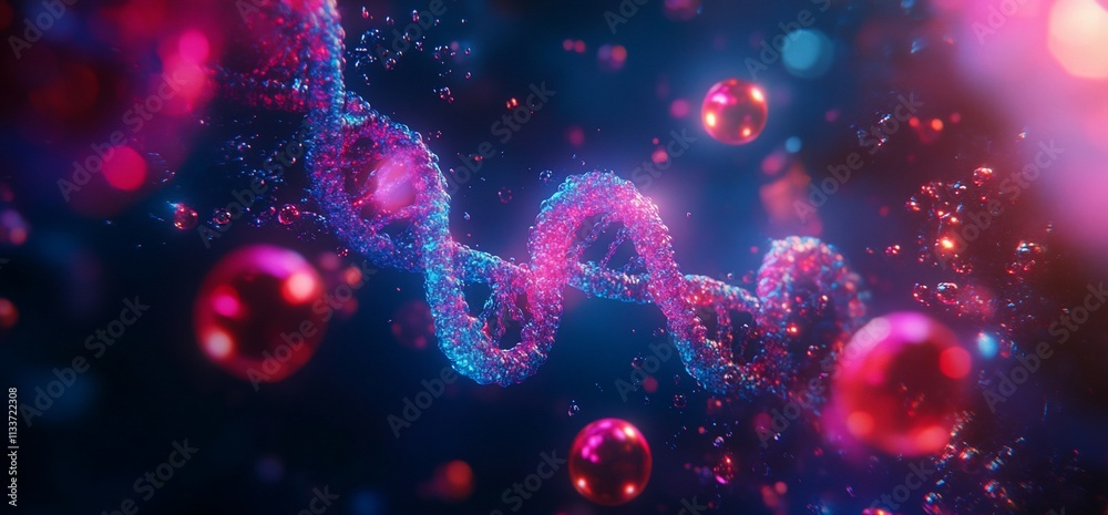 Poster abstract representation of dna strands with colorful particles and light effects.