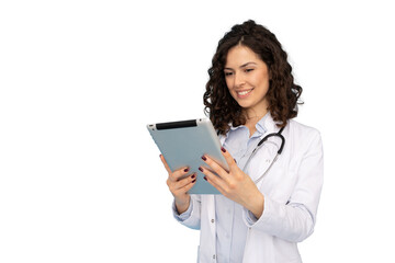 Professional Latina female doctor using a tablet