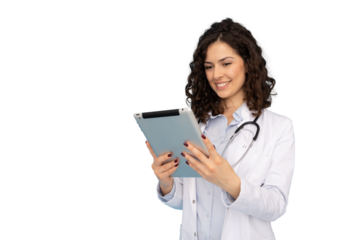 Professional Latina female doctor using a tablet