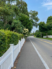 A quiet suburban street with a white picket fence, lush green trees, and a curved road leading into the distance under a clear blue sky.