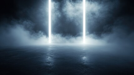 Mysterious Neon Lights Reflecting on a Dark, Foggy Surface