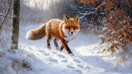 Obraz premium Red Fox Walking Through Snowy Winter Forest
