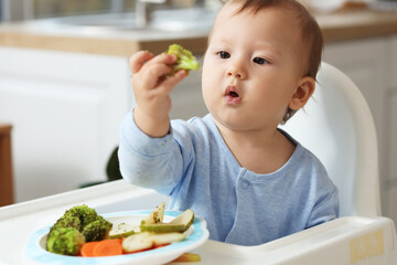 Cute little baby eating fresh food in high chair at home, closeup