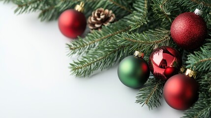 A festive arrangement of colorful Christmas ornaments among evergreen branches, perfect for holiday decorations and cheerful moments.