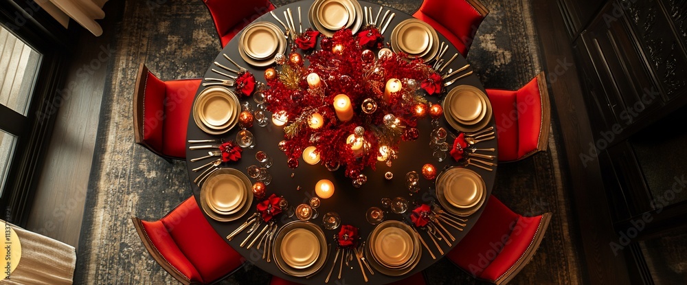 Poster elegant dining setup with red accents and candles for a festive occasion.