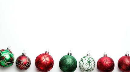 Colorful Christmas ornaments arranged on a white background, perfect for holiday decorations and seasonal celebrations.