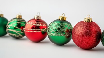 Colorful Christmas ornaments in red and green arranged in a festive line, perfect for holiday decorations and celebrations.