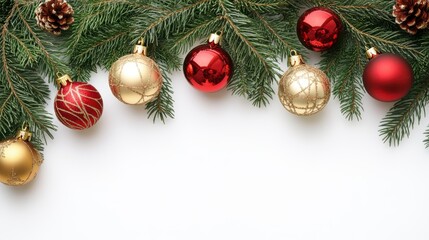 Festive Christmas decorations with colorful baubles and pine branches, perfect for holiday themes and celebrations.