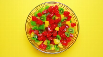 Colorful Fresh Fruit Salad in a Clear Bowl on Bright Yellow Background