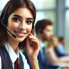 a young professional woman with a friendly and engaging smile, wearing a headset with a microphone, symbolizing her role in communication or customer support.