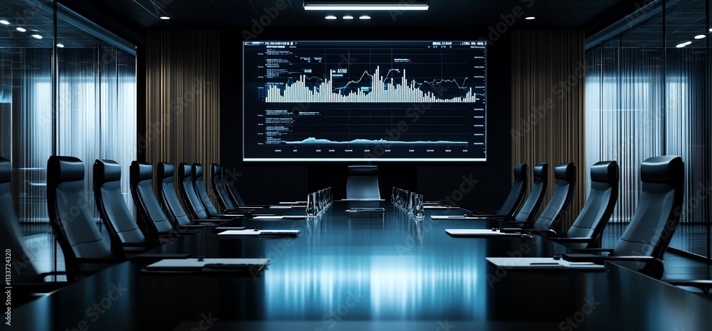 Poster Modern boardroom with a large screen displaying data analytics.