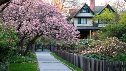 Obraz premium Serene Spring Landscape with Cherry Blossom Trees and Charming House