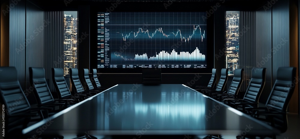 Poster modern conference room with a large screen displaying financial data.