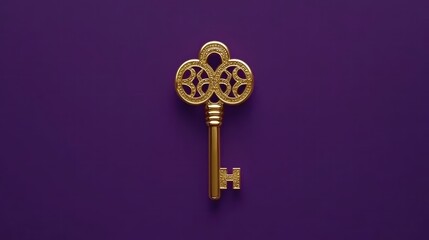 Obraz premium Golden vintage key against purple background, ornate and elegant design