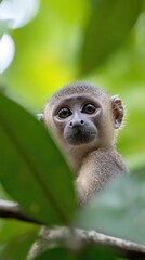 Naklejka premium Young Monkey Gazing From Lush Green Foliage