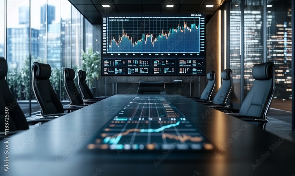 Poster modern conference room with financial data displayed on screens.