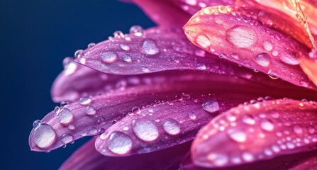 Close-up of a vibrant pink chrysanthemum flower petal with dew drops on it, macro photography