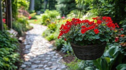 Vibrant Red Flowers in Hanging Basket Along Stone Pathway