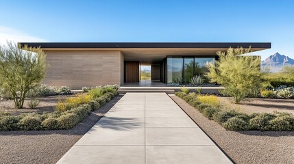 Fototapeta premium Modern desert home with a minimalist design and landscaped surroundings.
