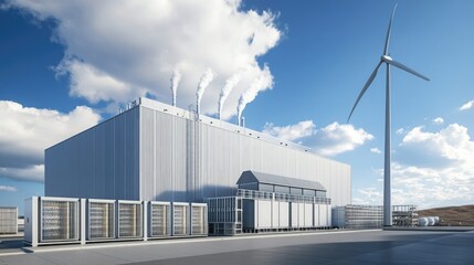 Obraz premium Modern Industrial Facility with Wind Turbine Against Blue Sky