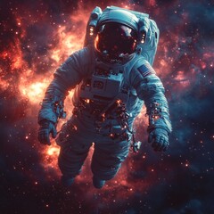 Fototapeta premium Damaged astronaut floats in vibrant nebula.