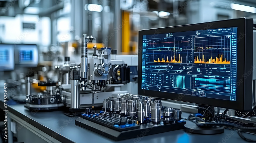 Poster a high-tech workspace with machinery and a data-monitoring screen for industrial processes.