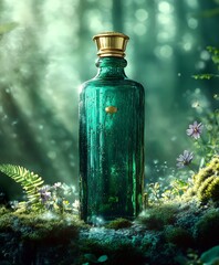 緑豊かな森の中に佇むエレガントな緑のガラスボトル | Elegant green glass bottle surrounded by lush forest scenery