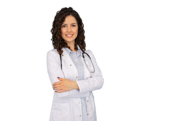 Portrait of a focused Latina female doctor in a white coat