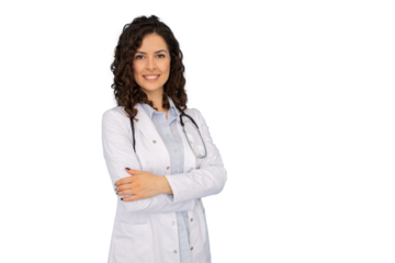 Portrait of a focused Latina female doctor in a white coat