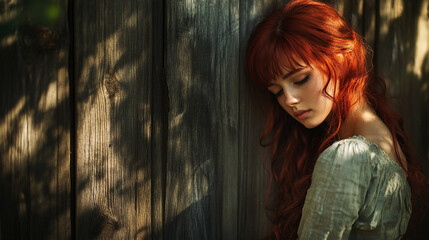 Fototapeta premium Young woman with red hair resting against wooden wall in soft light during afternoon
