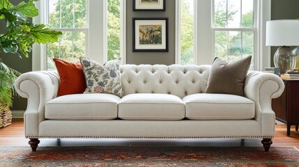Fototapeta premium Elegant beige tufted sofa with decorative pillows in living room