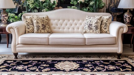 Elegant upholstered couch with decorative pillows and floral decor