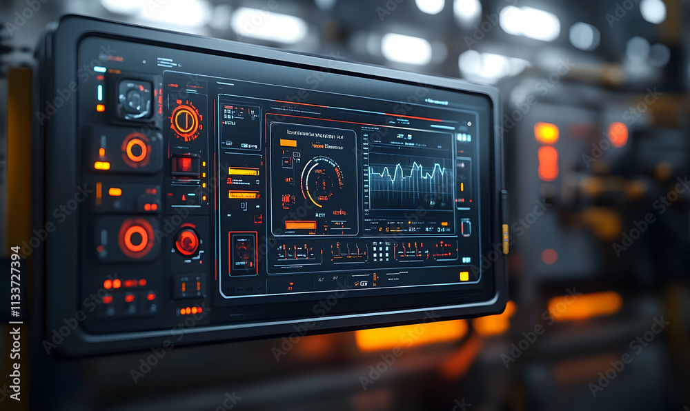 Poster futuristic control panel with various gauges and indicators for monitoring systems.