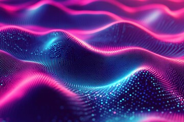 Obraz premium A vibrant, abstract representation of flowing waves, illuminated with pink and blue hues, resembling a digital landscape or sound wave pattern.